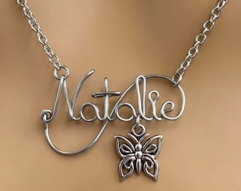 Stainless Steel Wire Name Necklace with birthstone | Personalized script jewelry