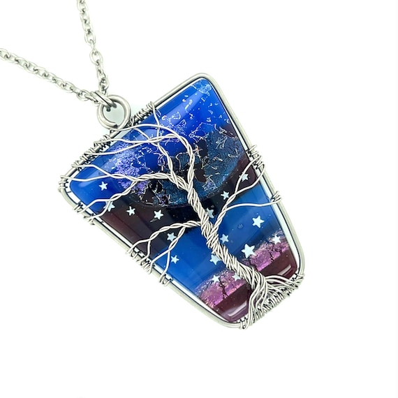 Stainless Steel Starborn Fused Glass Tree of Life Necklace/tree