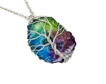 Rainbow Quartz Tree of Life Necklace | Stainless Steel Wire Wrapped Pendant