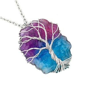 Rainbow Quartz Tree of Life Necklace – Wire Wrapped Stainless Steel Jewelry – Color Shifting Crystal Pendant – Boho Witchy Gift