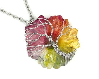 Rainbow Quartz Tree of Life Necklace | Wire Wrapped Stainless Steel Pendant