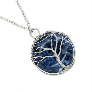 Wire Wrapped Stainless Steel Sodalite Tree of Life Necklace/spiritual jewelry/boho jewelry/ gift for her/deep blue crystal necklace