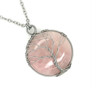 Rose Quartz Tree of Life Necklace – Wire Wrapped Love Crystal Pendant – Stainless Steel Healing Jewelry – Gift for Her
