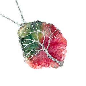 Rainbow Quartz Tree of Life Necklace – Wire Wrapped Stainless Steel Pendant – Spiritual Jewelry – Crystal Energy Gift