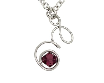 Handmade Stainless Steel Wire Initial Necklace with Birthstone