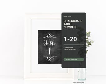 Printable Wedding Table Numbers 1-20, 5x7 Rustic Chalkboard Design