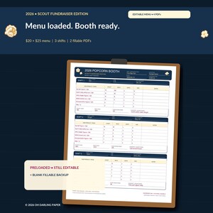 May include: A clipboard holding a 2026 Popcorn Booth scout fundraiser menu and shift schedule. The document features three shift sections with columns for product, price, start, end, sold, and notes, set against a dark blue background with popcorn icons.