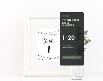 Printable Wedding Table Numbers 1-20, 5x7 String Light Design