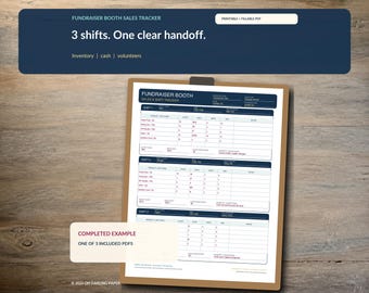 Fundraiser Booth Sales Tracker - Fillable Inventory, Cash & Volunteer Shift Handoff PDF