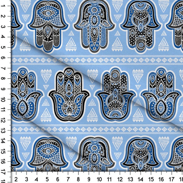 Hamsa Hand Blue, White, Black Fabric Pattern By the Yard. Hamsa Hand Of Fatima Moroccan Arabic Ornament Pattern Design