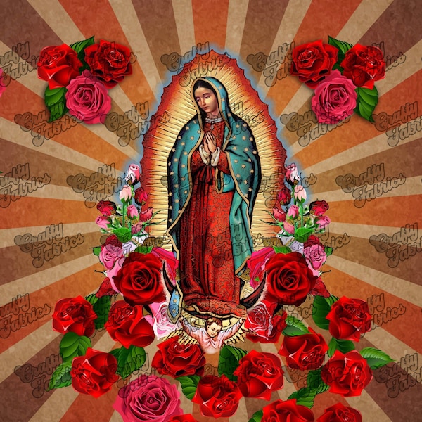 Place en tissu Notre-Dame de Guadalupe, panneau de tissu de la Vierge Marie pour l’artisanat, housses d’oreiller, art mural, bandanas. Disponible en marron ou violet