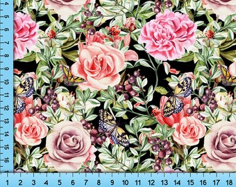 Rose Fabric By the Yard, Cottagecore Floral Print featuring ornate, wild pink roses and green leaves on Black Background