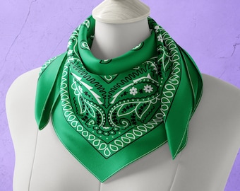 Green Paisley Bandana, Traditional Pattern Head Wrap or Hair Scarf