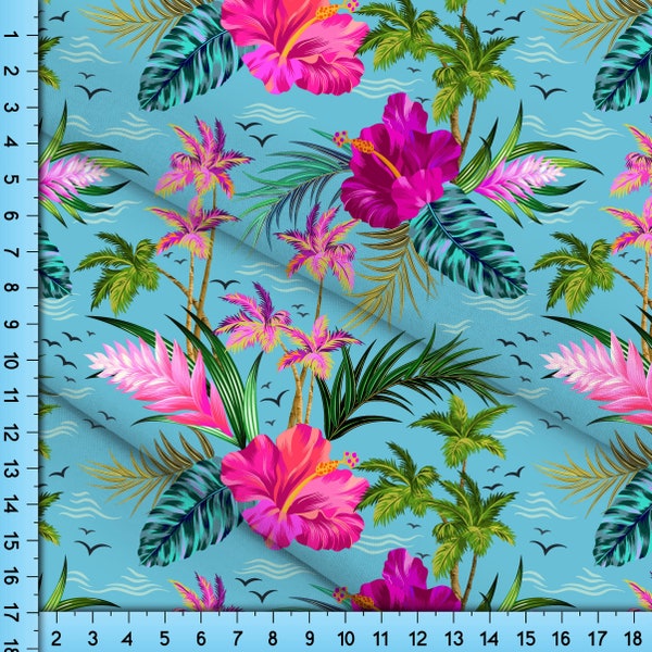 Tissu Fleurs tropicales par mètre imprimé sur le tissu de votre choix, Hibiscus rose sur bleu