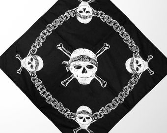 Skull and Chains Black Bandana, Cosplay Costume Scarf or Handkerchief for Halloween Costume