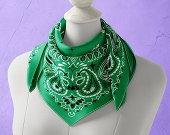 Green Paisley Bandana, Satin or Poplin with Traditional Pattern for a Head Wrap or Neck Scarf