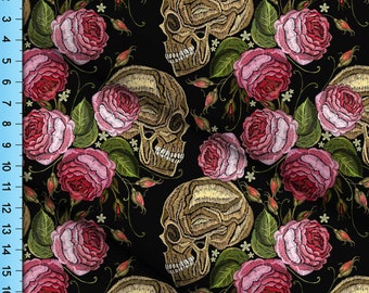 Skulls and Roses Faux Embroidery Simulated look on Black Fabric Printed By the Yard