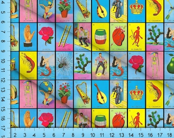 Mexican Lottery Fabric By The Yard, Mexican Loteria Bingo Pattern Custom Printed on 10 Different Fabrics
