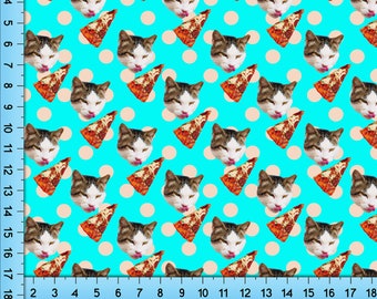 Turquoise Pizza Cat Fabric Design Printed By the Yard. Funny Blue Novelty Cat with Pizza design for shirts, masks, crafts