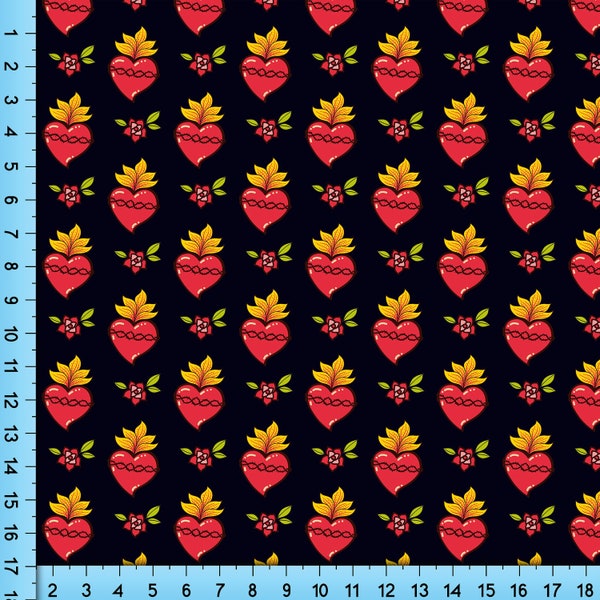 Sacred Heart Fabric Printed By the Yard, Half Yard Flaming Heart Mexican Fabric Design