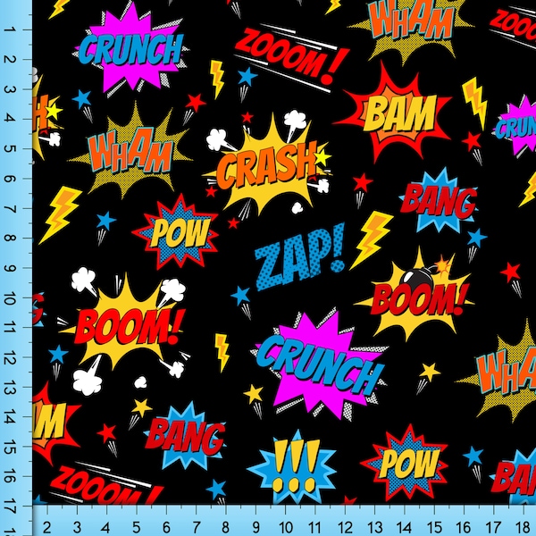 Comic Book Sound Effects Fabric Pattern, Pop Art Novelty Retro Design Printed By the Yard