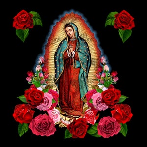 Panel de tela Nuestra Señora de Guadalupe, Virgen María Cuadrado de tela negra para manualidades, fundas de almohada, colgantes de pared, pañuelos o ropa