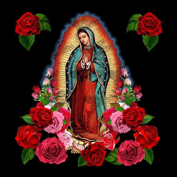 Our Lady of Guadalupe Fabric panel, Virgin Mary Black fabric square for crafts, pillow covers, wall hanging, bandana or clothing