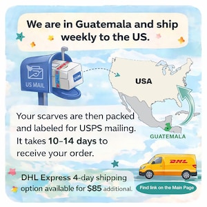 The image is an advertisement for FedEx shipping services, specifically highlighting the shipping of scarves to the United States. It features a FedEx mailbox, a map of Guatemala, and a FedEx van, along with text providing shipping details and a shipping option.