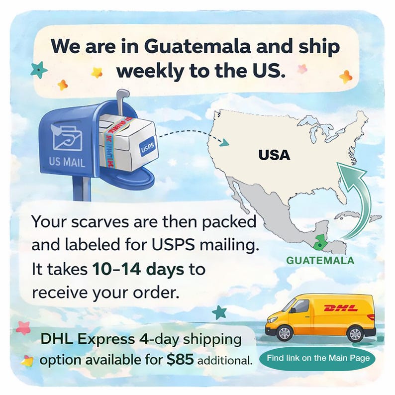 The image is an advertisement for FedEx shipping services, specifically highlighting the shipping of scarves to the United States. It features a FedEx mailbox, a map of Guatemala, and a FedEx van, along with text providing shipping details and a shipping option.