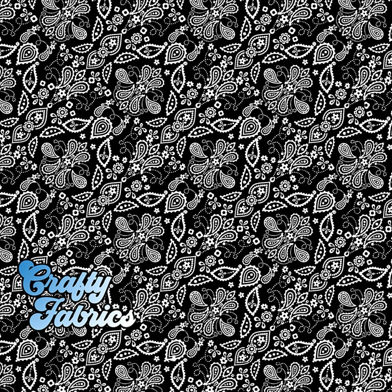Black White Bandana Paisley Fabric Printed By the Yard Half Etsy