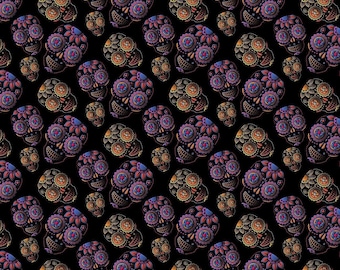 Sugar Skulls Black Purple Fabric By the Yard, Half Yard or Fat Quarter