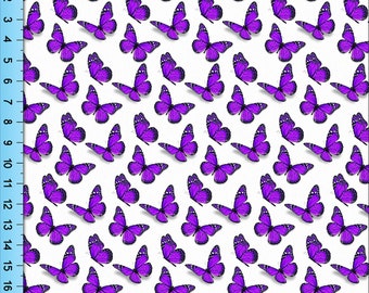 Purple Butterflies on White Fabric By the Yard. Monarch Butterfly Pattern, Cottagecore Design for Crafts, Upholstery, Clothing