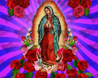 Virgin Mary, Our Lady of Guadalupe Fabric panel. Pink Blue sunburst fabric square for crafts, pillow covers, wall hanging, bandana