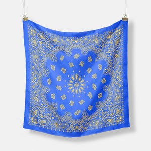 Blue Gold Paisley Bandana, Head Wrap, Neck Scarf or Hair Scarf