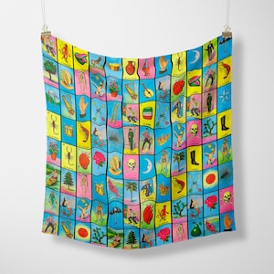 Mexikanisches Loteria Bandana, Lotterie Spielkarten, Seidiges Satin oder Popeline Stoff für Kopftuch, Haarschal, Partygeschenke oder Neckholder Krawatte Top