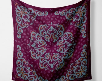 Burgundy Bandana with Ornate Pastel Blue Paisley Design, Head Wrap, Hair Scarf or Neck Scarf fabric square