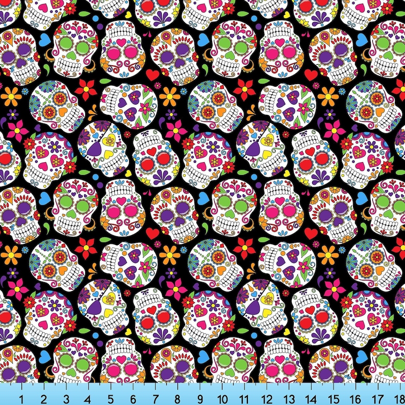 Sugar Skulls Fabric the Yard. Broadcloth, Poplin, Gabardine, Liverpool for Clothing and Craft Projects. Jersey knit