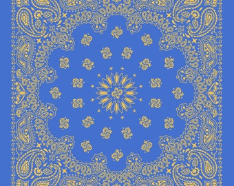 Blue Gold Paisley Bandana, Head Wrap, Neck Scarf or Hair Scarf