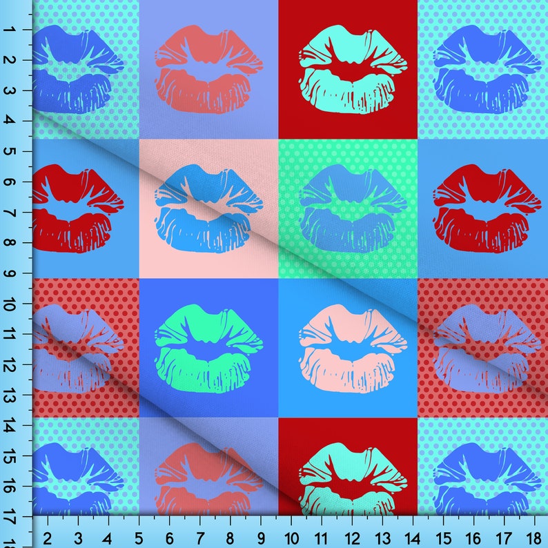 Pop Art Lips Fabric by the Yard Blue Red Green Fashion Colors Etsy