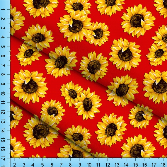 Sunflower Fabric on Red Background Printed by the Yard on Your Choice of Polyester Fabrics Etsy Australia