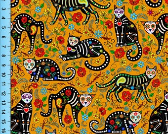 Calavera Cats Fabric, Day of the Dead Print, Fabric By the Yard