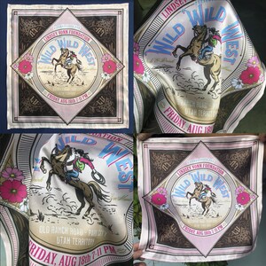 four different views of a fabric with a design featuring a cowboy and a horse, along with text and floral elements.