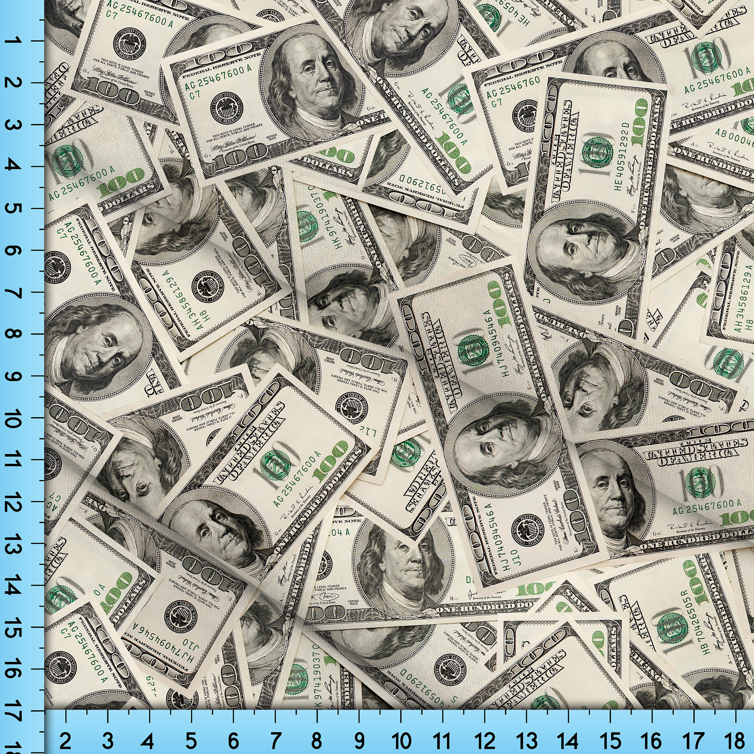 Money Print Fabric - Light Blue Metallic - 100 Dollar Bills Stretch Sp