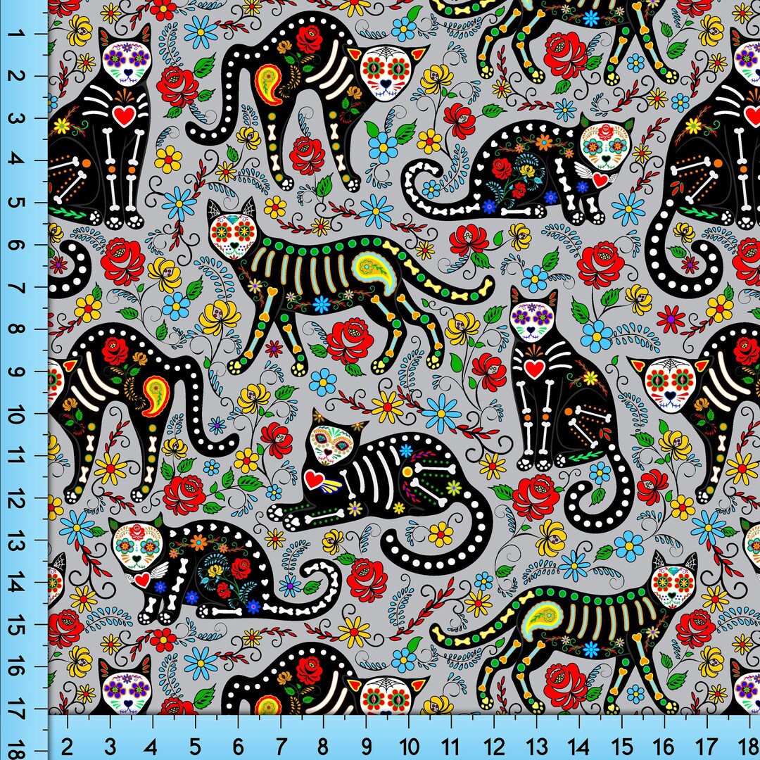 Day of the Dead Cats Fabric, Mexican Calavera Pattern by the Yard - Etsy