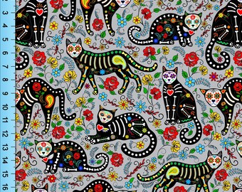 Day of the Dead Cats Fabric, Mexican Calavera Pattern By The Yard