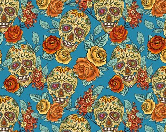 Sugar Skulls and Flowers Fabric