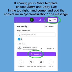 The image is a screenshot of a Canva template interface, showing a button that says "Share" and a button that says "Copy Link". The interface has a purple background and a green button.