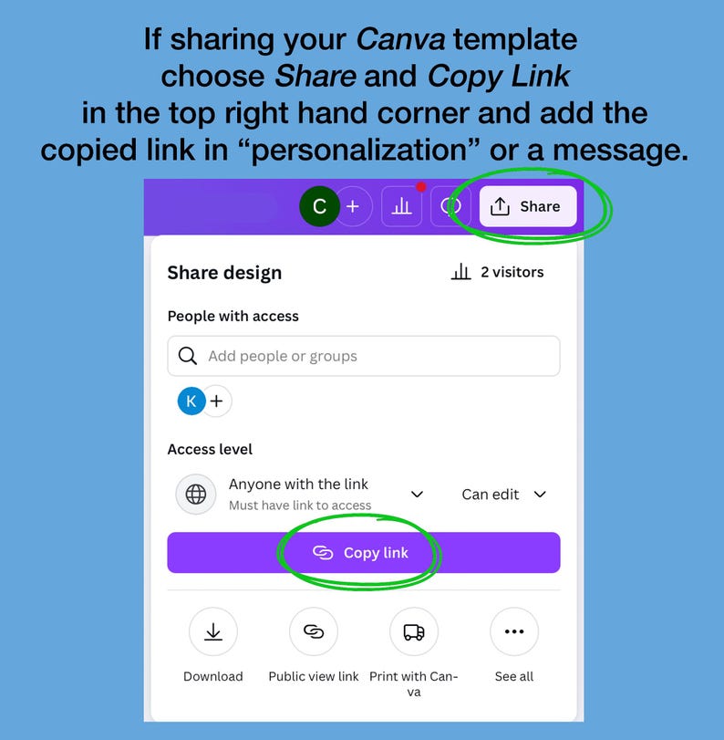 The image is a screenshot of a Canva template interface, showing a button that says "Share" and a button that says "Copy Link". The interface has a purple background and a green button.