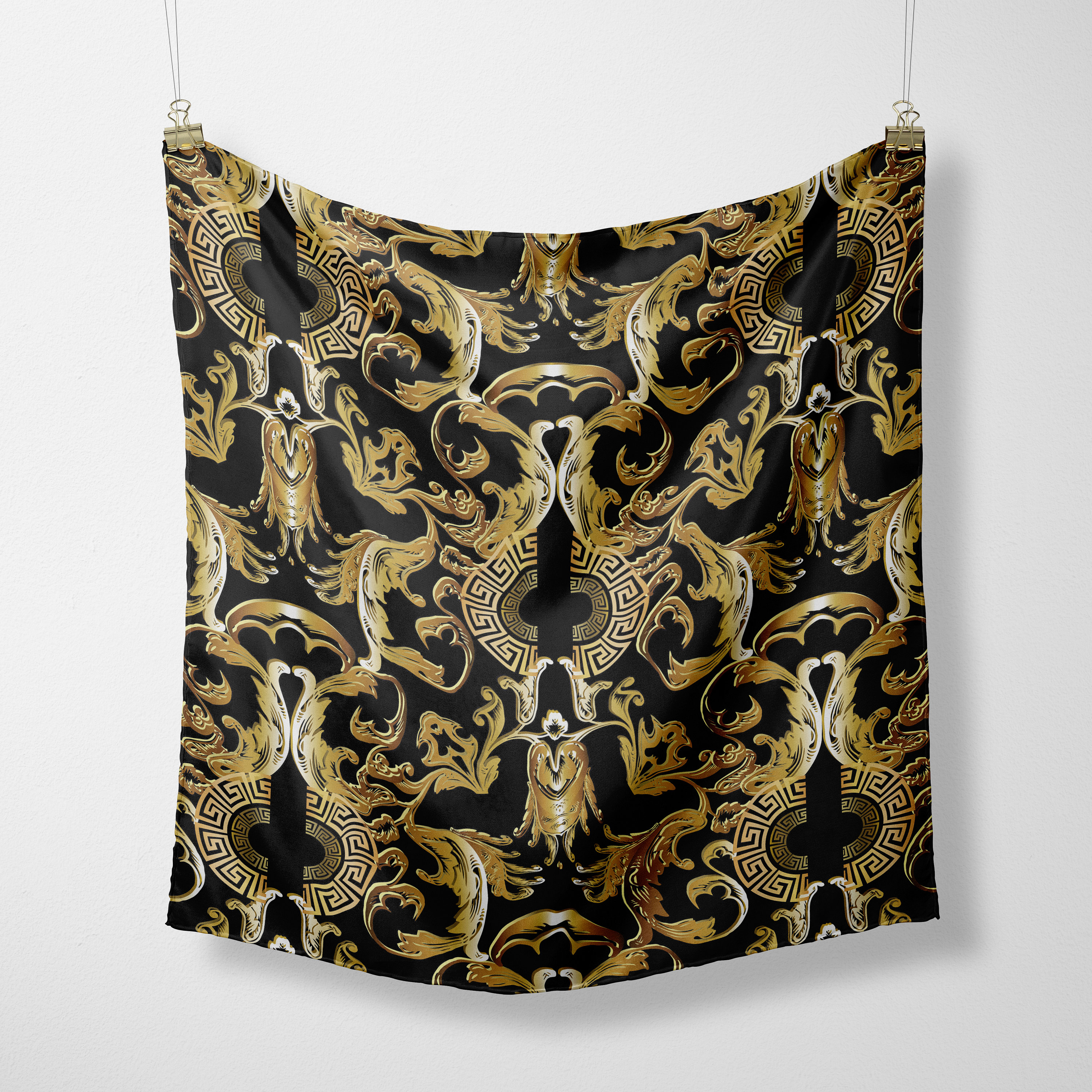 Baroque Satin Bandana: Black & Gold Designer Scarf - Etsy