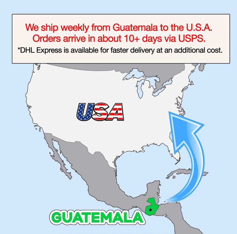 The image is a map of the United States and Central America, with a text overlay indicating that the U.S. ships weekly from Guatemala to the U.S.A. and orders arrive in about 10+ days via USPS. The text also mentions that "DHL Express is available for faster delivery at an additional cost."